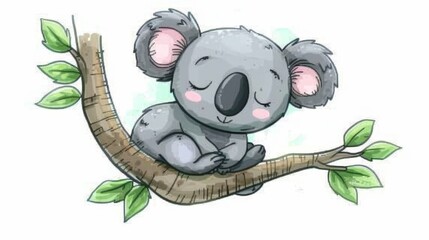   Koala dozing on branch, eyes shut, head atop leafy rest - obrazy, fototapety, plakaty
