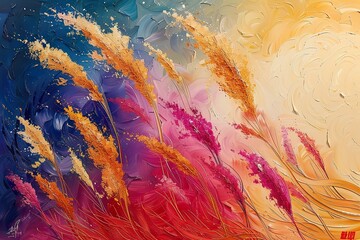Flower and golden grain abstract art prints. Oil on canvas. Brush the paint. Modern art.
