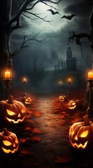 Halloween pathway adorned with grinning pumpkins, leading to a crypt in the eerie night fog.