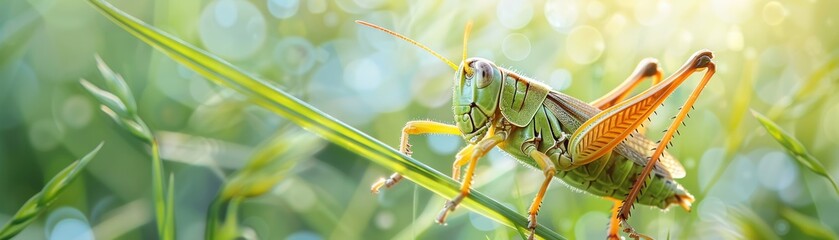 A green grasshopper sits on a stalk of grass in the morning sun. - obrazy, fototapety, plakaty