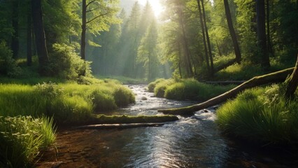 River between meadows and forests, summer