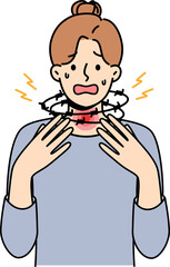 Woman suffering from suffocation and asthma screams, standing with barbed wire around neck, needs help of doctor. Problem of suffocation in girl is caused by malfunction of respiratory tract or lungs