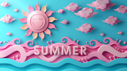 A 3D illustration of a smiling sun, pink and white clouds, and the word "SUMMER" written in bold letters over stylized blue waves on a turquoise background.