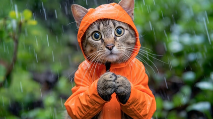 A cat wearing an orange raincoat with its hood up is looking at the camera while rain falls in the background.