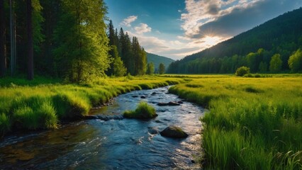 Fototapeta premium River between meadows and forests, summer