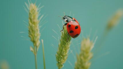 A ladybug on a stalk of wheat against a pale green background.