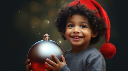 Fototapeta premium A child wearing a Santa hat and holding a Christmas ornament.
