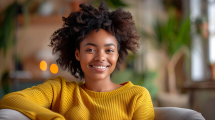 A woman with curly hair is sitting in a chair and smiling. She is wearing a yellow shirt. a young African American woman sitting in her chair, exuding happiness as she smiles warmly.