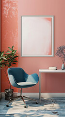 Shades of azure and coral infuse energy into a sleek office setting, with a blank white frame on the wall offering a blank canvas for artistic expression.