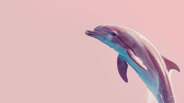 A pink dolphin jumping out of the water on a pink background.