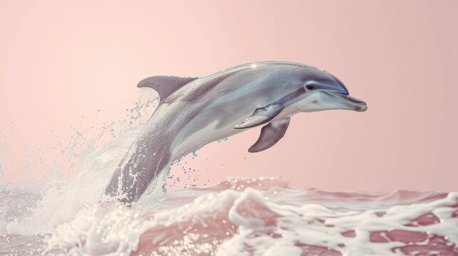 A pink ocean with a dolphin jumping out of the water.