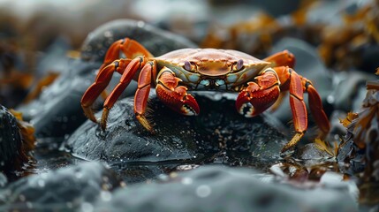 A red crab on a rock at the beach