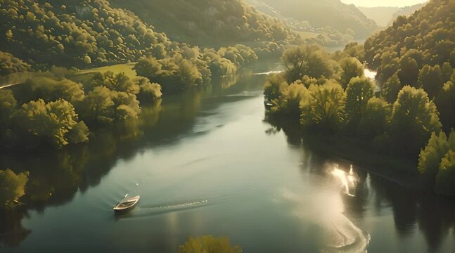Cinemagraph loop of a serene countryside scene with a winding river and a lone boat drifting lazily downstream. 