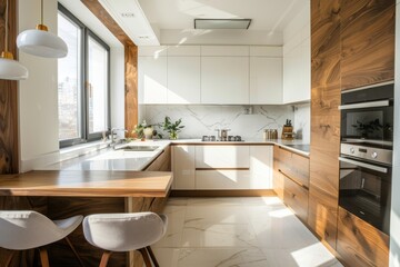 Fototapeta na wymiar interior of a light minimalist kitchen, combination of white and natural wood fragments, modern interior design