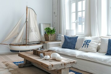 modern interior of a small living room in white and blue tones with linen textiles and fragments of natural wood in the Mediterranean style