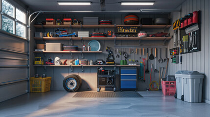 Garage: Organized garage space with shelves, tools, and storage bins, providing storage for vehicles, outdoor equipment, and household items --ar 16:9 Job ID: fd5d8cac-4245-4d41-ac22-2fcab231aff2