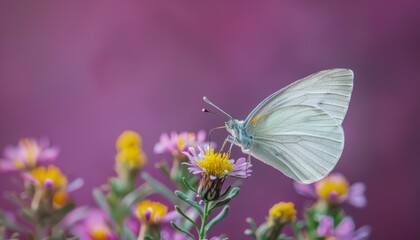 A white butterfly on a purple flower with a blurred purple background.