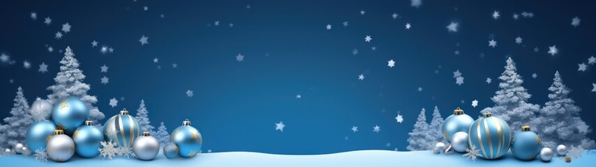A blue and silver Christmas background with baubles, snowflakes and a starry sky.