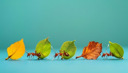 Ants carrying colorful leaves - obrazy, fototapety, plakaty