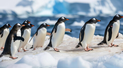 Vibrant Gathering of Penguins on Ice - obrazy, fototapety, plakaty