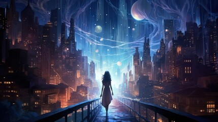 A woman stands on a bridge overlooking a city at night. She is silhouetted against a sky that features a large moon and a network of glowing strings. - obrazy, fototapety, plakaty