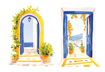 Watercolor wooden door entwined with flowers. Cute image suitable for cards, invitations, weddings, fabric making cozy door with flowers on white background,