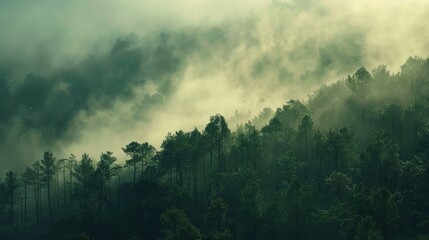 Mist slowly descending over a hill with a dense forest