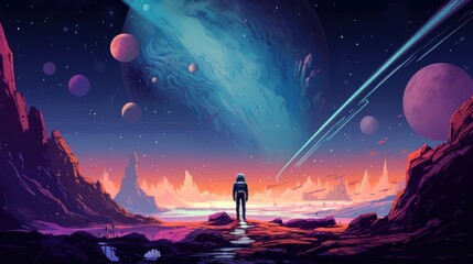 An astronaut stands on a rocky planet, looking up at a colorful, giant planet in the sky. There are multiple planets and shooting stars in the sky. - obrazy, fototapety, plakaty