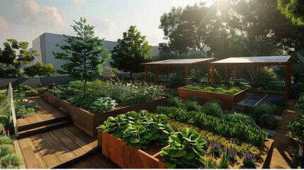 A garden with a wooden walkway and a variety of plants