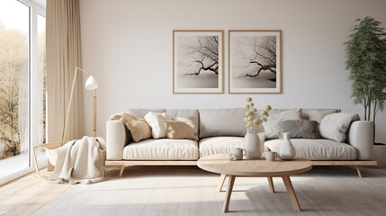 Natural light bathes this Scandinavian-inspired interior, highlighting a comfortable sofa, stylish coffee table, and an empty wall space ready to be transformed with personalized decor or artwork.