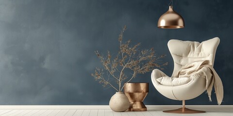 Blue living room interior mock up for art display, modern beige rotation armchair with throwing blanket, coffee table and vase with graceful dry flower bouquet, empty room backgrounds.