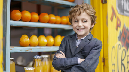 A young boy stands in front of a fruit stand, smiling.