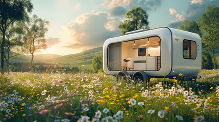 Modern Mobile Home Office in Idyllic Nature Setting