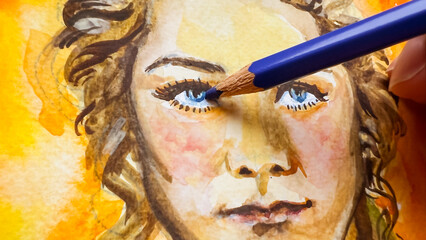 Close-up view of watercolour portrait. Drawing female person ion paper using aquarelle paints and color pencisl. Watercolor sketching. Blue eyes. Film grain texture. Soft focus. Blur