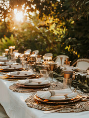 A beautifully arranged outdoor dining table with golden sunset light filtering through the foliage, creating a warm, inviting atmosphere.