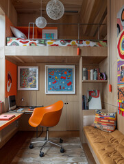An eclectic home office with a loft bed, colorful artwork, and a mix of modern and vintage furniture.