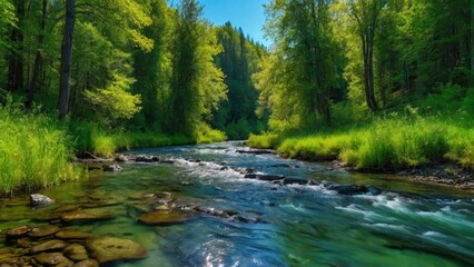 River between meadows and forests  summer