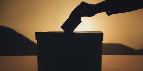 Silhouette of a hand putting a vote into the voting box on beige background. Concept of legislative election, Presidential elections, voting, with copy space.
