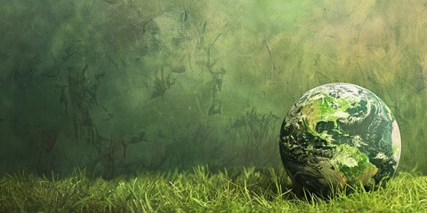 Close up of natural green grass hues globe resting on grass in a forest - environment protection, Earth Day concept, with large copy space.