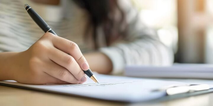 Close up woman writing on note paper working and studying, with copy space.