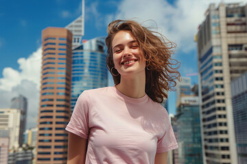 Happy young woman smiling with the urban city in the background