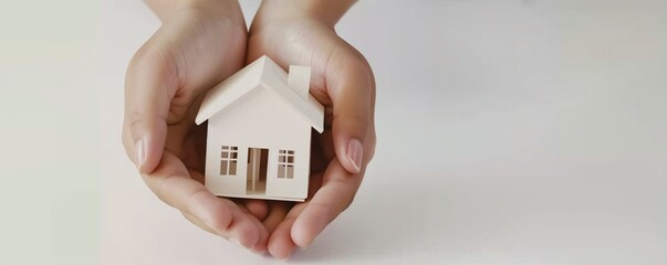 Woman holding figures of family house figure in hands on modern white background, top view. Space for text