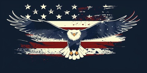 Eagle With American Flag Flies In Freedom, the national symbol of the USA, North American Bald Eagle on American flag backgrounds, copy space.