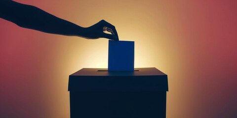 Silhouette of a hand putting a vote into the voting box on beige background. Concept of legislative election, Presidential elections, voting, with copy space.
