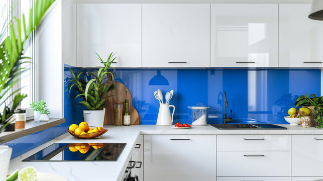 A minimalist kitchen with a vibrant, cobalt blue backsplash and sleek, white cabinets, surrounded by colorful accents and plenty of copy space.