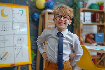 Young Boy Dressed as Entrepreneur in Classroom