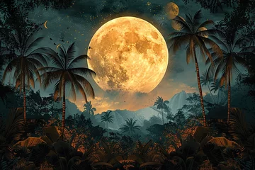 Foto op Canvas Jungle, tropical illustration. Fantasy Tropical night floral palm trees, plants, wild animals, © TIYASHA