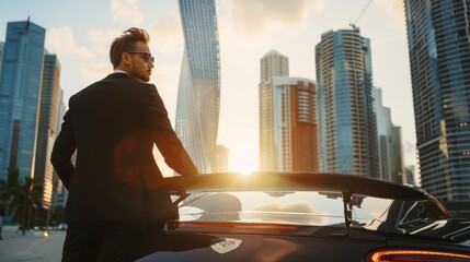 A man in a tailored suit and sunglasses leans against a sleek sports car back facing the camera....