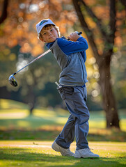 A focused young golfer practicing his swing on a sunny day, dressed in traditional golf attire, on a lush green course.