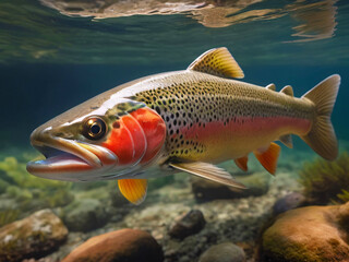 Fototapeta premium Trout Swimming Hunting For Food In Its Natural Habitat Underwater Photography Style 300 PPI High Resolution Image